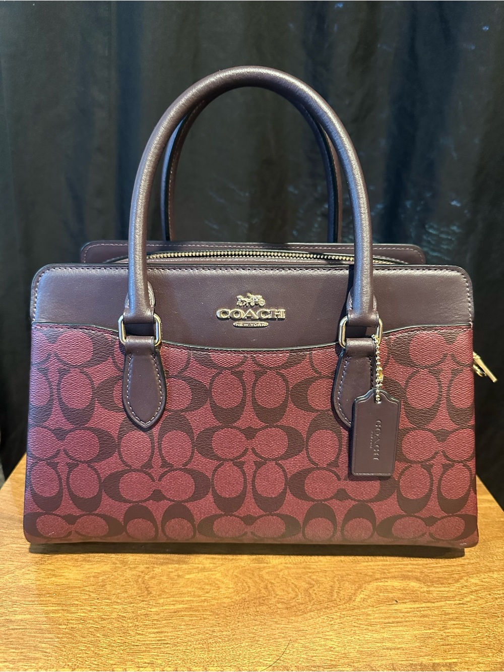 Coach Burgundy Signature Canvas Top-Handle Satchel with Plum Trim